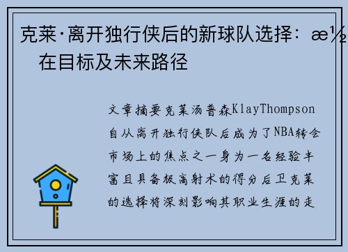 克莱·离开独行侠后的新球队选择：潜在目标及未来路径