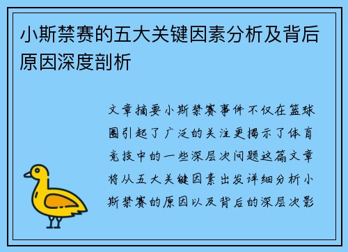 小斯禁赛的五大关键因素分析及背后原因深度剖析