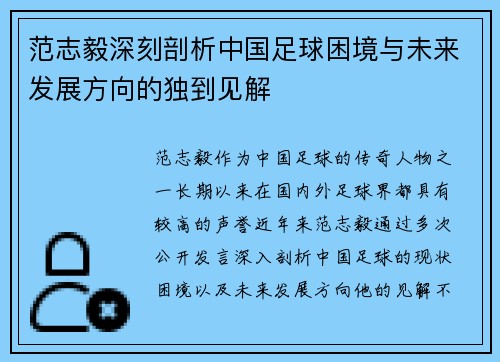 范志毅深刻剖析中国足球困境与未来发展方向的独到见解